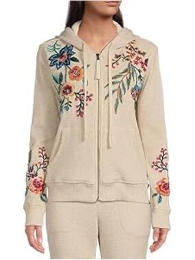 Beige Hoodie with Colorful Floral Embroidery